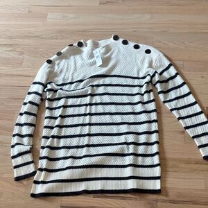 LOFT Button-Accent Black and Cream Striped Sweater
